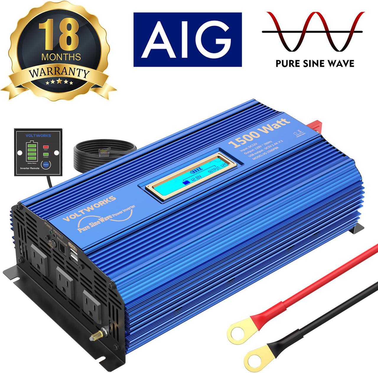 Main image of 1500W Pure Sine Wave Power Inverter DC 12v to AC 110V-120V with Remote Control LCD Display and 2x2.4A Dual USB Ports 3 AC Outlets for Home RV Truck by VOLTWORKS