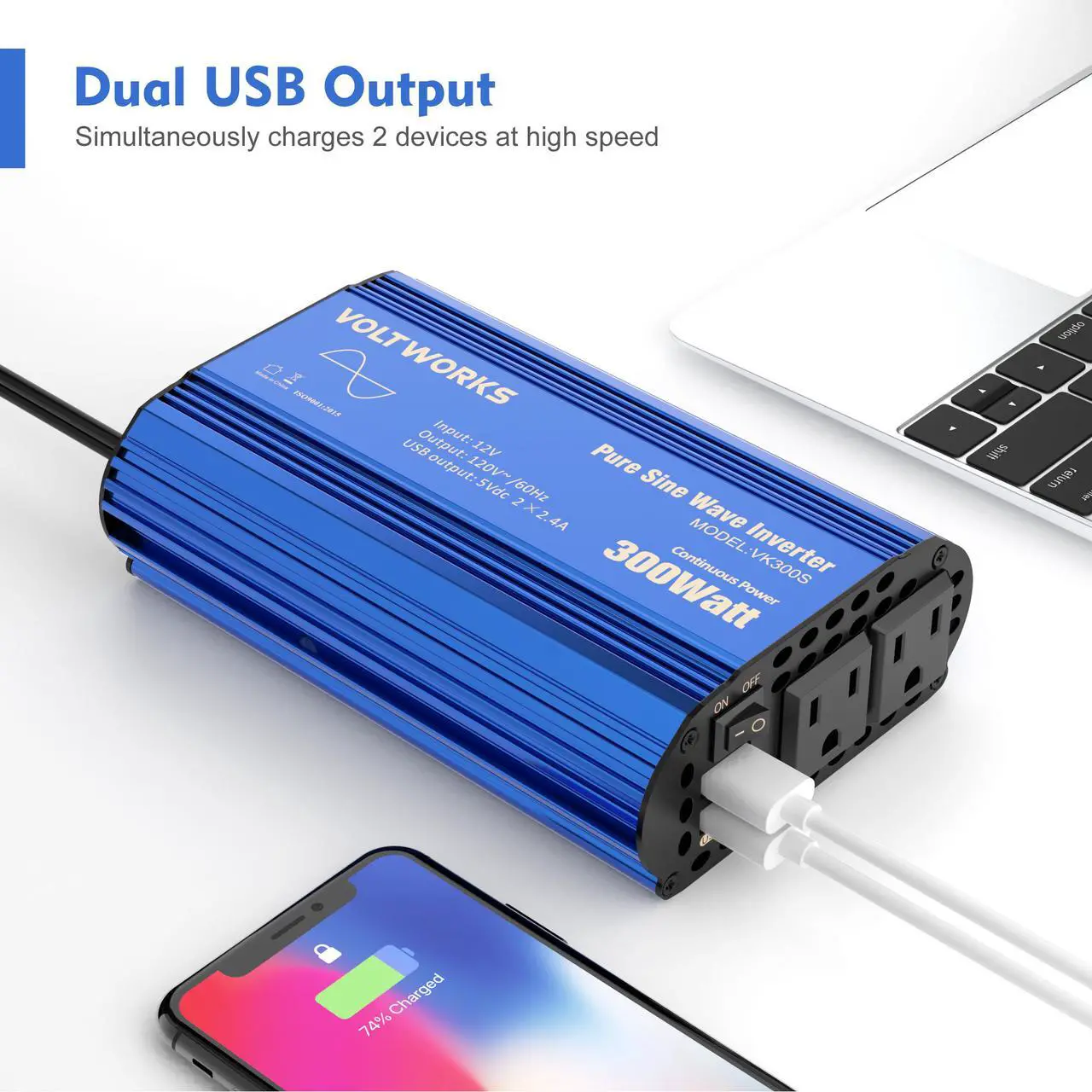Alt view image 5 of 7 - 300W Pure Sine Wave Power Inverter for Car Truck RV Adapter DC 12V to AC 110V 120V with 2x2.4A DUAL USB Port & AC Outlets by VOLTWORKS