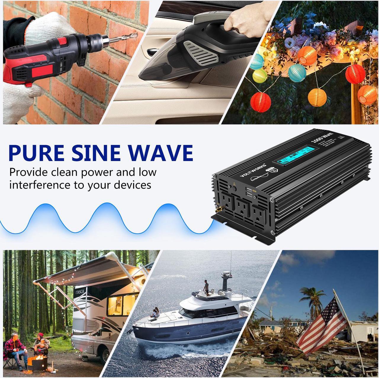 Alt view image 2 of 7 - Pure Sine Wave 1000 Watt Power Inverter DC 12v to AC 110V-120V 1000W with LCD Display and 2.4A Dual USB Ports 3 AC Outlets for Home RV Truck[3 Years Warranty] by VOLTWORKS