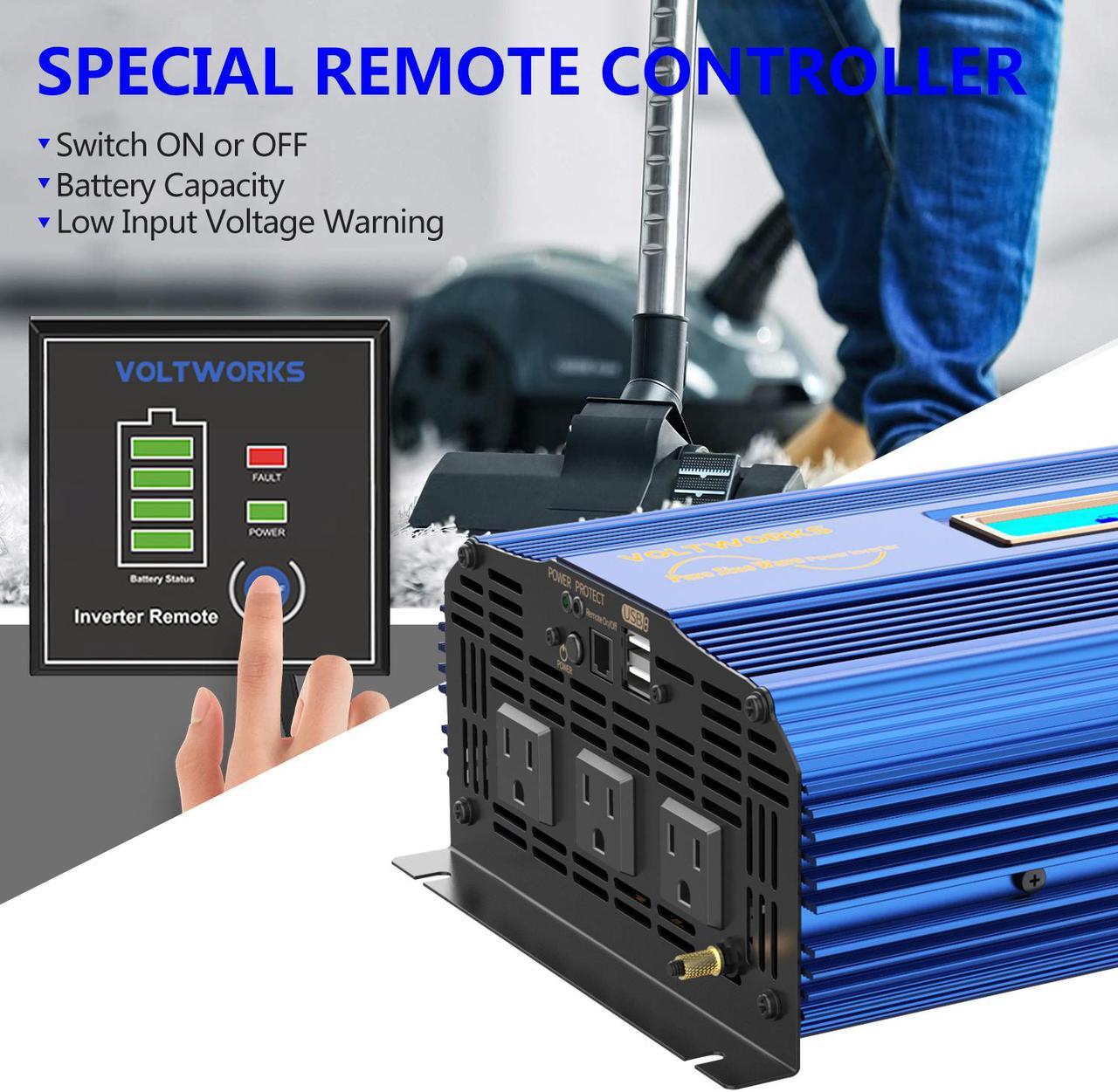 Alt view image 2 of 7 - 1500W Pure Sine Wave Power Inverter DC 12v to AC 110V-120V with Remote Control LCD Display and 2x2.4A Dual USB Ports 3 AC Outlets for Home RV Truck by VOLTWORKS