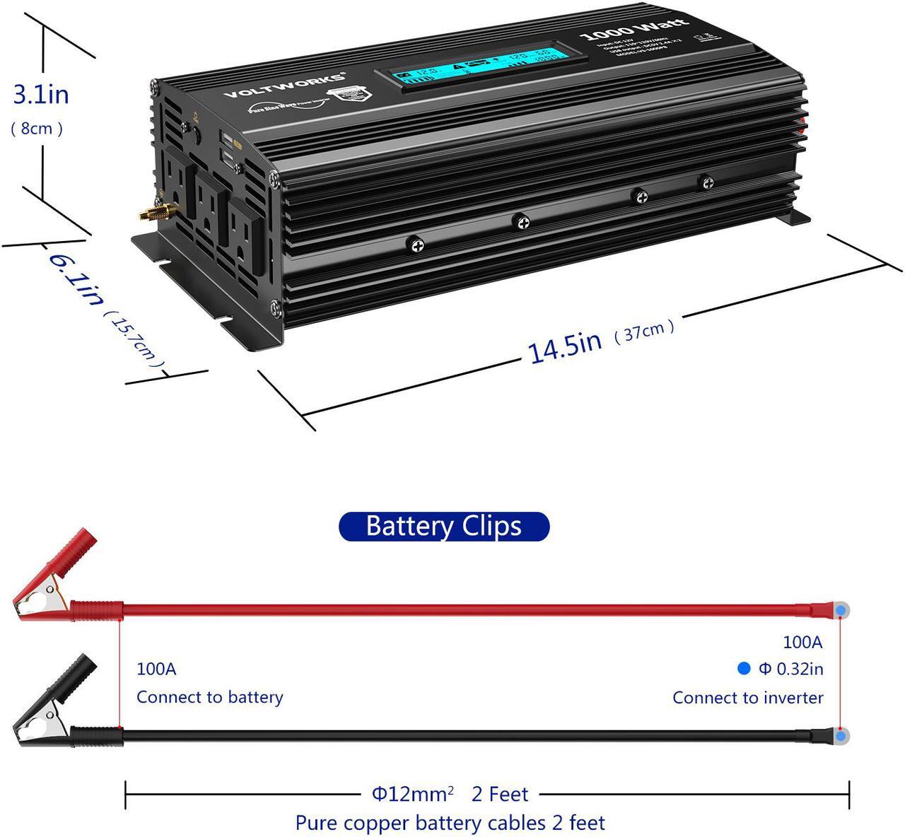 Alt view image 7 of 7 - Pure Sine Wave 1000 Watt Power Inverter DC 12v to AC 110V-120V 1000W with LCD Display and 2.4A Dual USB Ports 3 AC Outlets for Home RV Truck[3 Years Warranty] by VOLTWORKS
