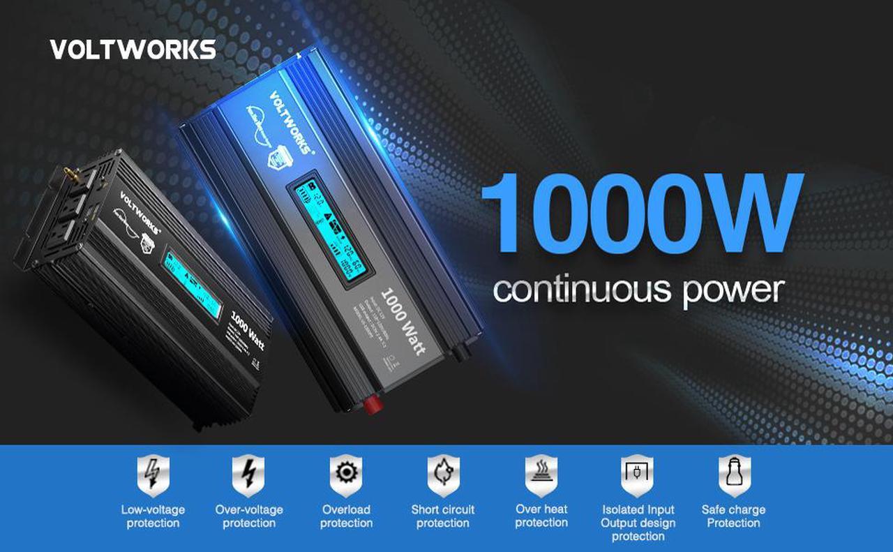 Alt view image 4 of 7 - Pure Sine Wave 1000 Watt Power Inverter DC 12v to AC 110V-120V 1000W with LCD Display and 2.4A Dual USB Ports 3 AC Outlets for Home RV Truck[3 Years Warranty] by VOLTWORKS
