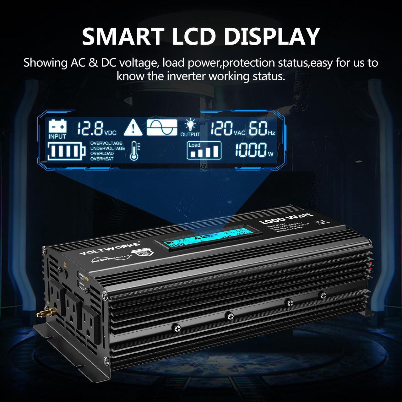 Alt view image 3 of 7 - Pure Sine Wave 1000 Watt Power Inverter DC 12v to AC 110V-120V 1000W with LCD Display and 2.4A Dual USB Ports 3 AC Outlets for Home RV Truck[3 Years Warranty] by VOLTWORKS