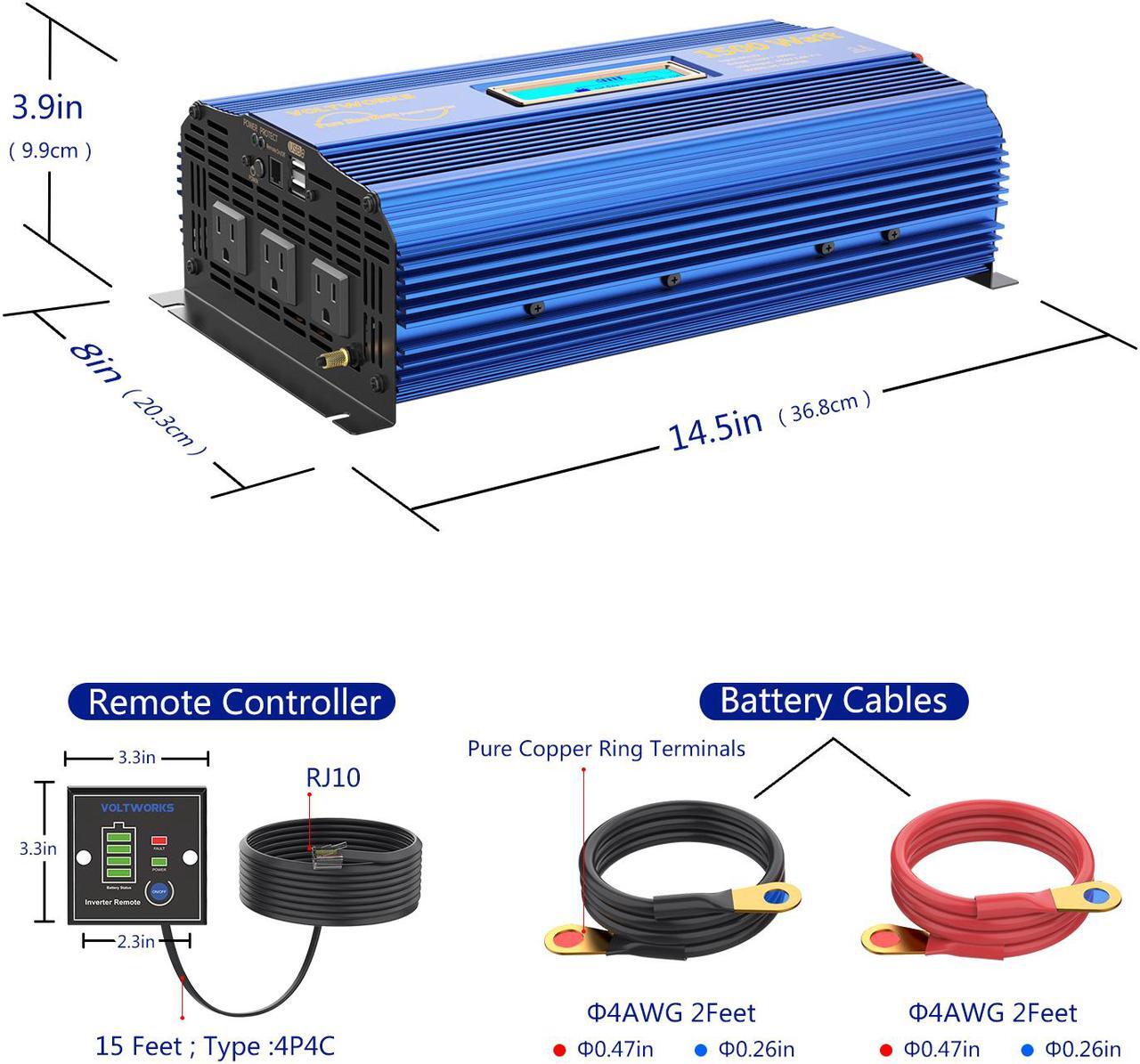 Alt view image 7 of 7 - 1500W Pure Sine Wave Power Inverter DC 12v to AC 110V-120V with Remote Control LCD Display and 2x2.4A Dual USB Ports 3 AC Outlets for Home RV Truck by VOLTWORKS