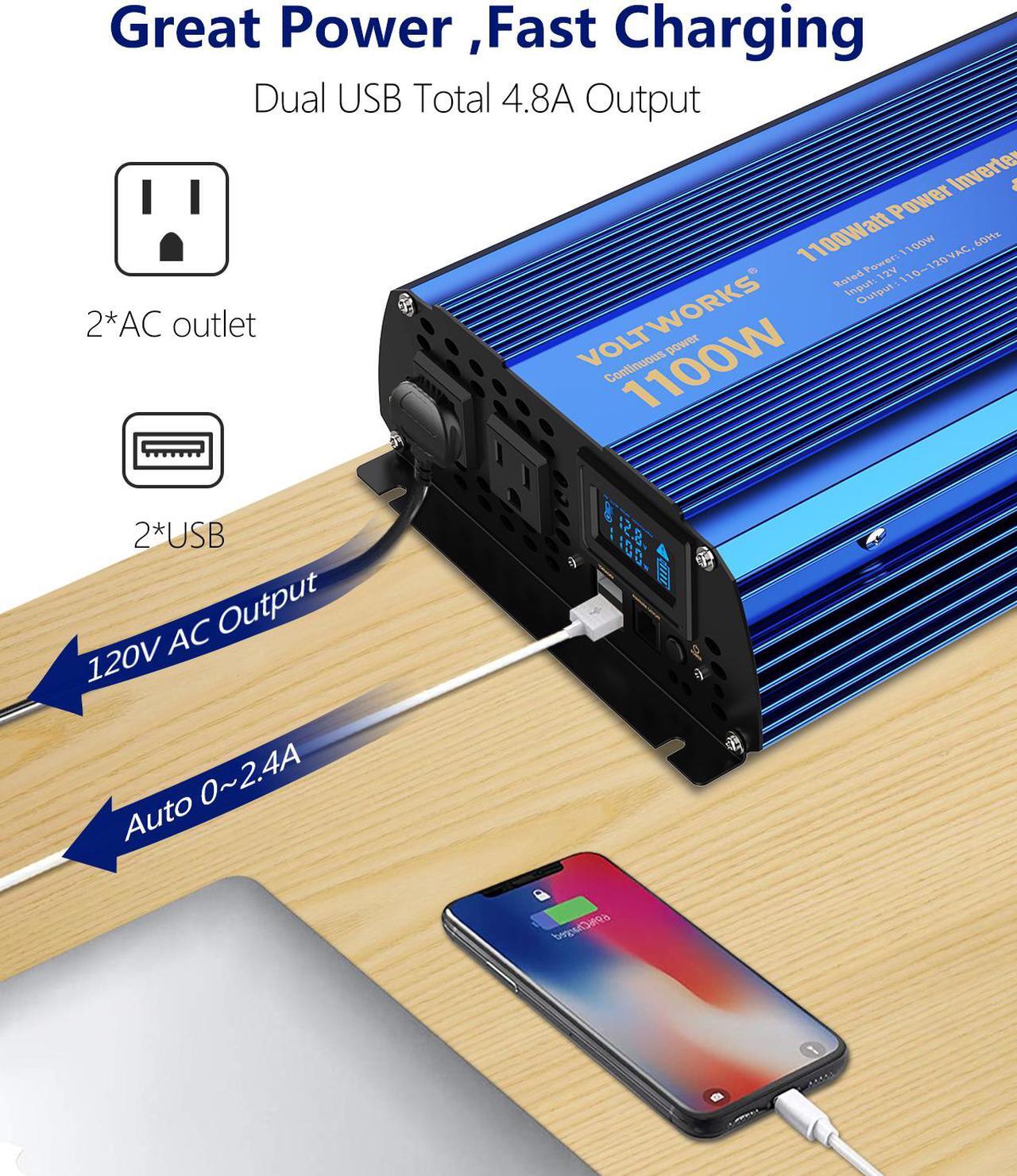 Alt view image 3 of 8 - Power Inverter 1100 watt DC 12V to AC 120V Modified Sine Wave 1000w Inverter with LCD Display Remote Control 2AC Outlets Dual 2.4A USB Ports for Car RV Truck Boat by VOLTWORKS