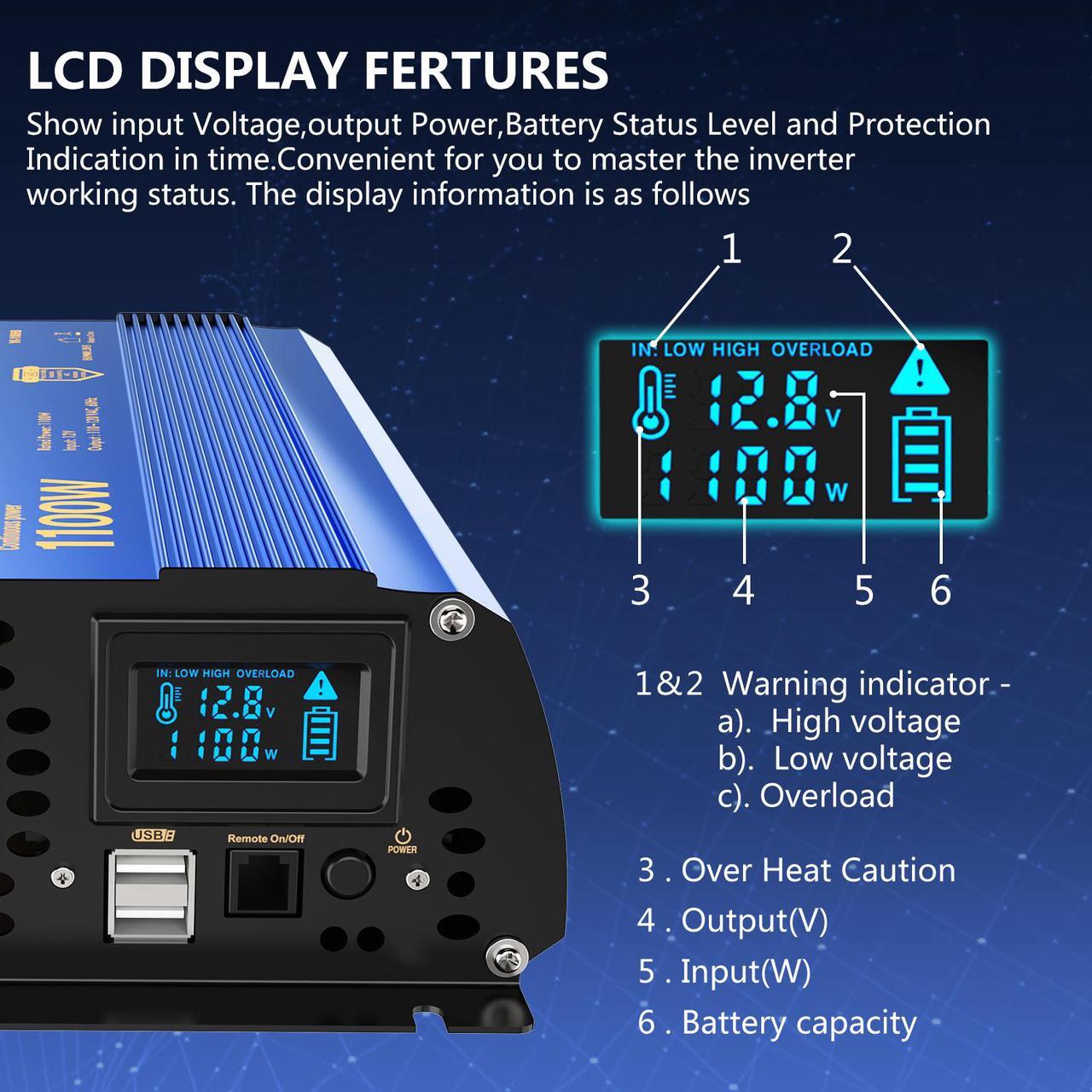 Alt view image 2 of 8 - Power Inverter 1100 watt DC 12V to AC 120V Modified Sine Wave 1000w Inverter with LCD Display Remote Control 2AC Outlets Dual 2.4A USB Ports for Car RV Truck Boat by VOLTWORKS
