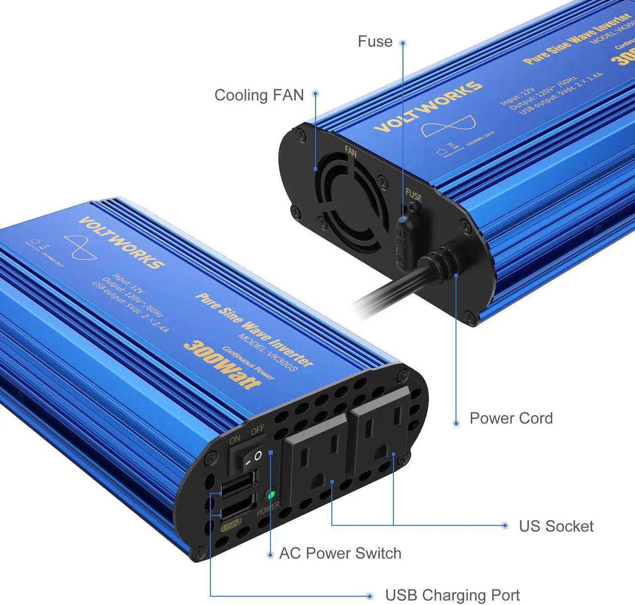 Alt view image 6 of 7 - 300W Pure Sine Wave Power Inverter for Car Truck RV Adapter DC 12V to AC 110V 120V with 2x2.4A DUAL USB Port & AC Outlets by VOLTWORKS