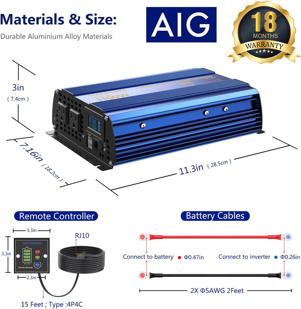 Alt view image 7 of 8 - Power Inverter 1100 watt DC 12V to AC 120V Modified Sine Wave 1000w Inverter with LCD Display Remote Control 2AC Outlets Dual 2.4A USB Ports for Car RV Truck Boat by VOLTWORKS