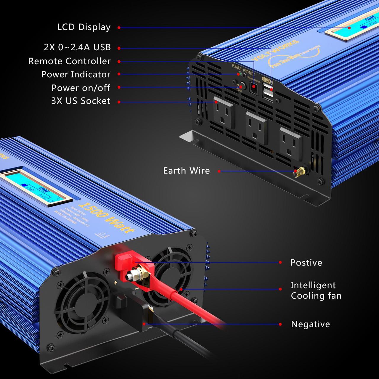 Alt view image 5 of 7 - 1500W Pure Sine Wave Power Inverter DC 12v to AC 110V-120V with Remote Control LCD Display and 2x2.4A Dual USB Ports 3 AC Outlets for Home RV Truck by VOLTWORKS