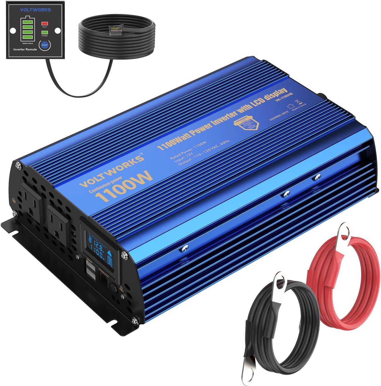 Main image of Power Inverter 1100 watt DC 12V to AC 120V Modified Sine Wave 1000w Inverter with LCD Display Remote Control 2AC Outlets Dual 2.4A USB Ports for Car RV Truck Boat by VOLTWORKS