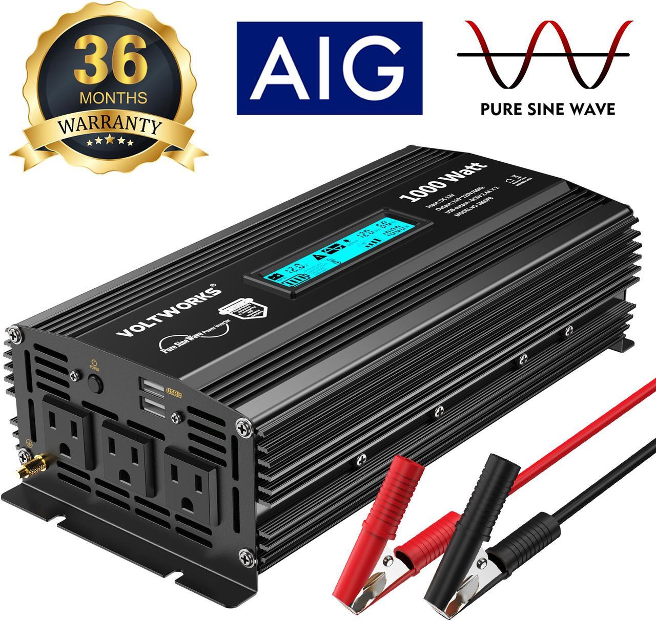 Main image of Pure Sine Wave 1000 Watt Power Inverter DC 12v to AC 110V-120V 1000W with LCD Display and 2.4A Dual USB Ports 3 AC Outlets for Home RV Truck[3 Years Warranty] by VOLTWORKS