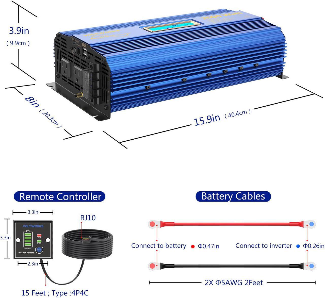 Alt view image 5 of 7 - VOLTWORKS 24 Volt 2000W Pure Sine Wave Power Inverter DC 24V to AC 110V 120V and Hardwire Block with LCD display Remote Controller and Battery Cables DUAL 2.4A USB for Charging RV Van Truck Boat