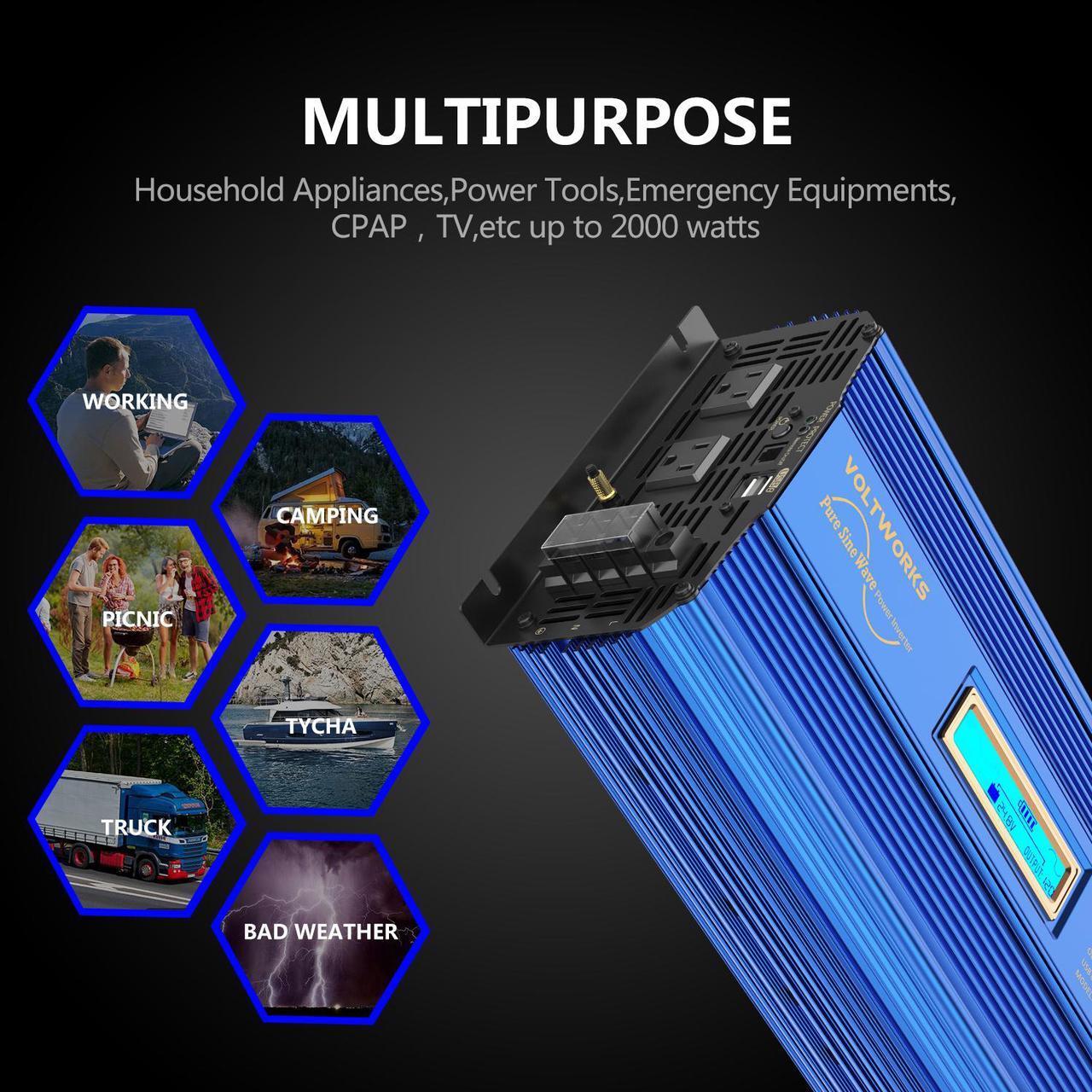 Alt view image 7 of 7 - VOLTWORKS 24 Volt 2000W Pure Sine Wave Power Inverter DC 24V to AC 110V 120V and Hardwire Block with LCD display Remote Controller and Battery Cables DUAL 2.4A USB for Charging RV Van Truck Boat