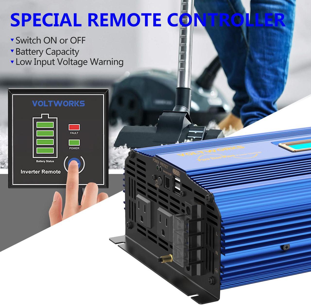 Alt view image 4 of 8 - Pure Sine Wave 2000Watt Car Power Inverter Converter DC 12V to 120V AC with Remote Control and LCD Display 1 AC Terminal Block 2 AC Outlets 2x2.4A USB Ports for RV Truck Boat by VOLTWORKS (12VBlue)