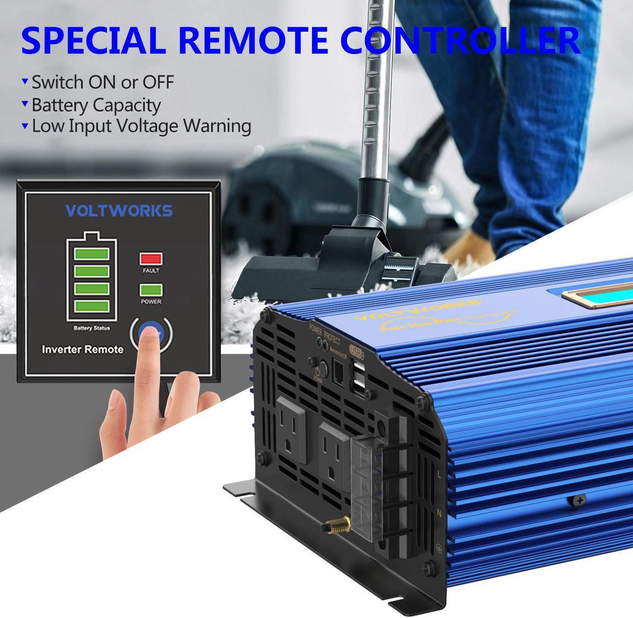 Alt view image 2 of 7 - VOLTWORKS 24 Volt 2000W Pure Sine Wave Power Inverter DC 24V to AC 110V 120V and Hardwire Block with LCD display Remote Controller and Battery Cables DUAL 2.4A USB for Charging RV Van Truck Boat