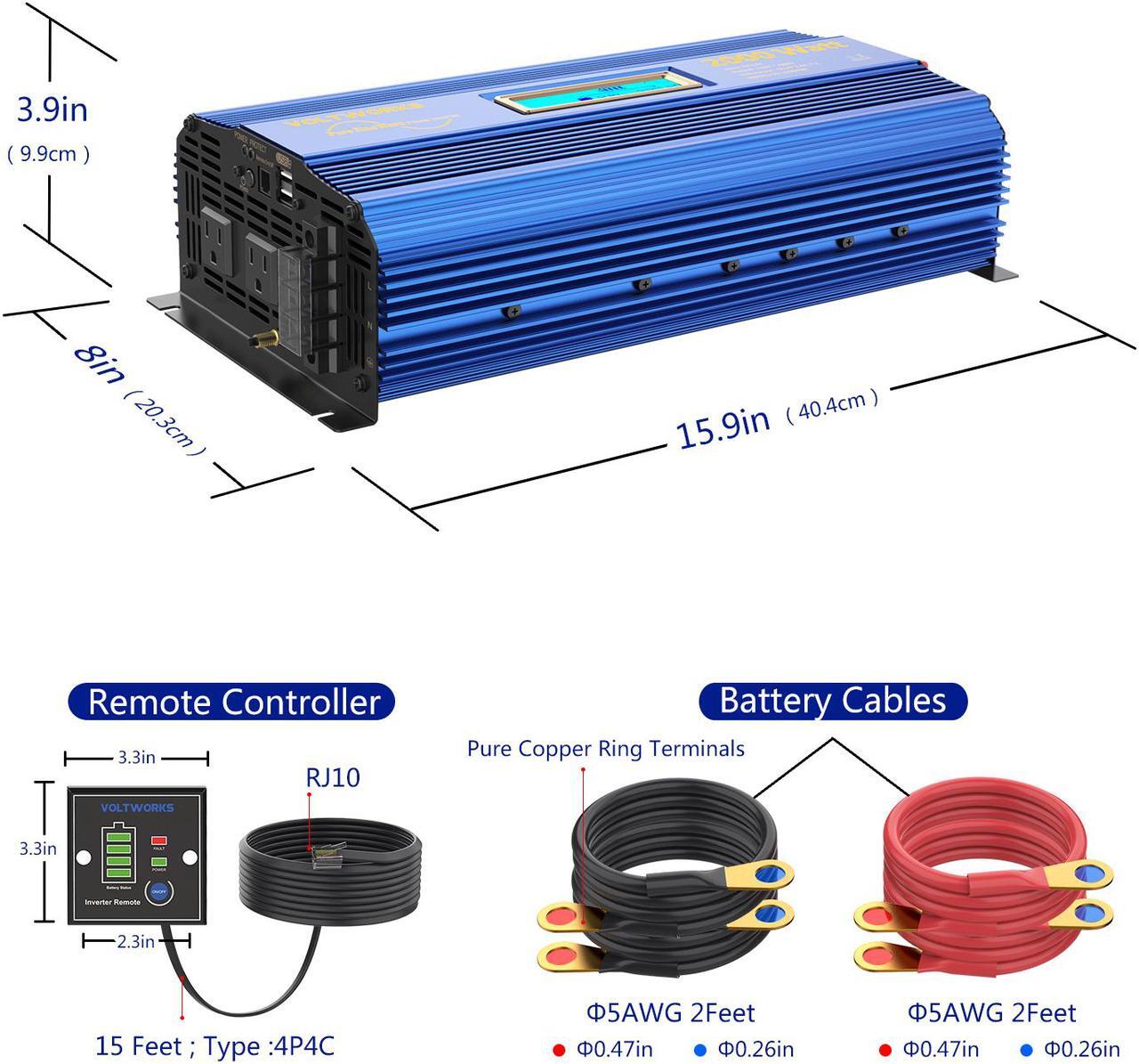Alt view image 7 of 8 - Pure Sine Wave 2000Watt Car Power Inverter Converter DC 12V to 120V AC with Remote Control and LCD Display 1 AC Terminal Block 2 AC Outlets 2x2.4A USB Ports for RV Truck Boat by VOLTWORKS (12VBlue)