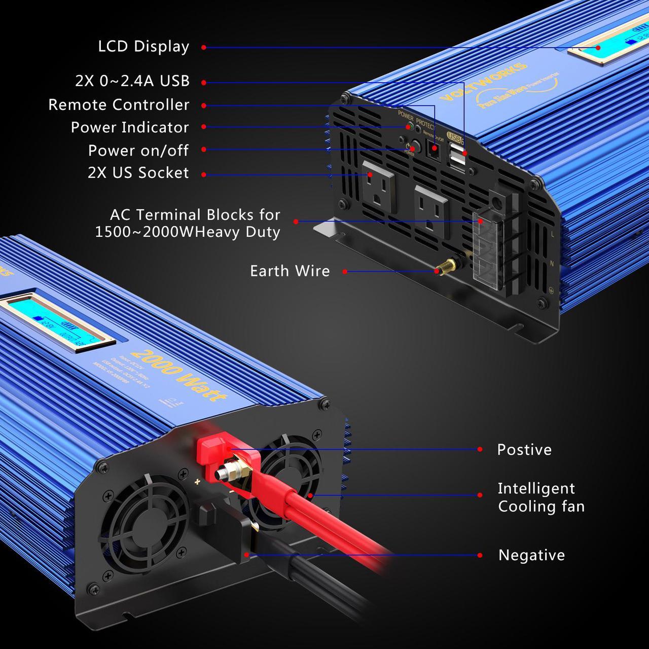 Alt view image 3 of 8 - Pure Sine Wave 2000Watt Car Power Inverter Converter DC 12V to 120V AC with Remote Control and LCD Display 1 AC Terminal Block 2 AC Outlets 2x2.4A USB Ports for RV Truck Boat by VOLTWORKS (12VBlue)