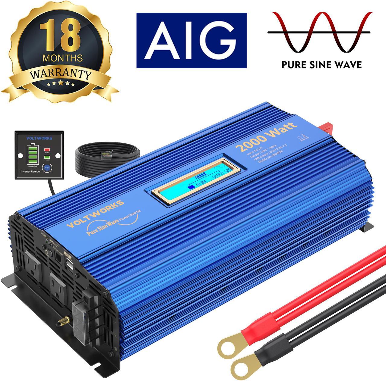 Main image of Pure Sine Wave 2000Watt Car Power Inverter Converter DC 12V to 120V AC with Remote Control and LCD Display 1 AC Terminal Block 2 AC Outlets 2x2.4A USB Ports for RV Truck Boat by VOLTWORKS (12VBlue)