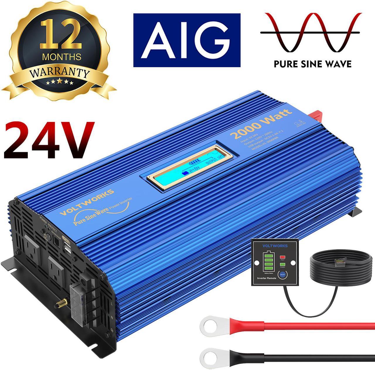 Main image of VOLTWORKS 24 Volt 2000W Pure Sine Wave Power Inverter DC 24V to AC 110V 120V and Hardwire Block with LCD display Remote Controller and Battery Cables DUAL 2.4A USB for Charging RV Van Truck Boat