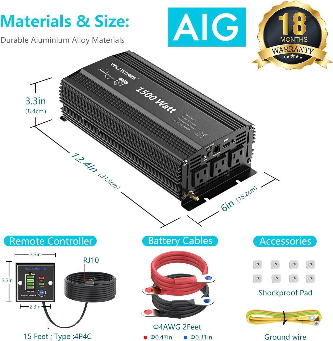 Alt view image 2 of 7 - Power Inverter 1500Watt Pure Sine Wave Inverter DC 12v to AC 110V-120V with Remote Control and 2.4A USB Ports 3 AC Outlets for Home RV Truck by VOLTWORKS