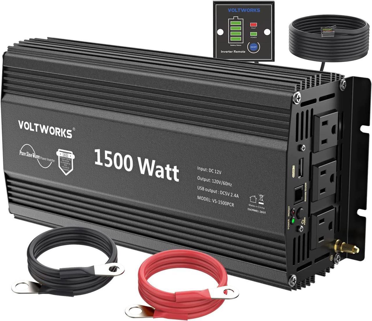 Main image of Power Inverter 1500Watt Pure Sine Wave Inverter DC 12v to AC 110V-120V with Remote Control and 2.4A USB Ports 3 AC Outlets for Home RV Truck by VOLTWORKS