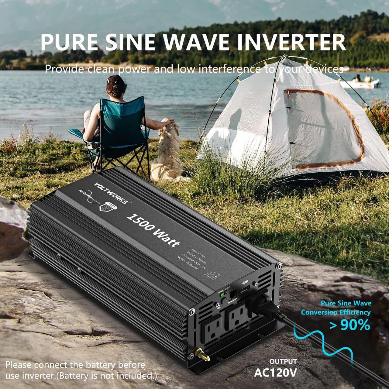 Alt view image 6 of 7 - Power Inverter 1500Watt Pure Sine Wave Inverter DC 12v to AC 110V-120V with Remote Control and 2.4A USB Ports 3 AC Outlets for Home RV Truck by VOLTWORKS