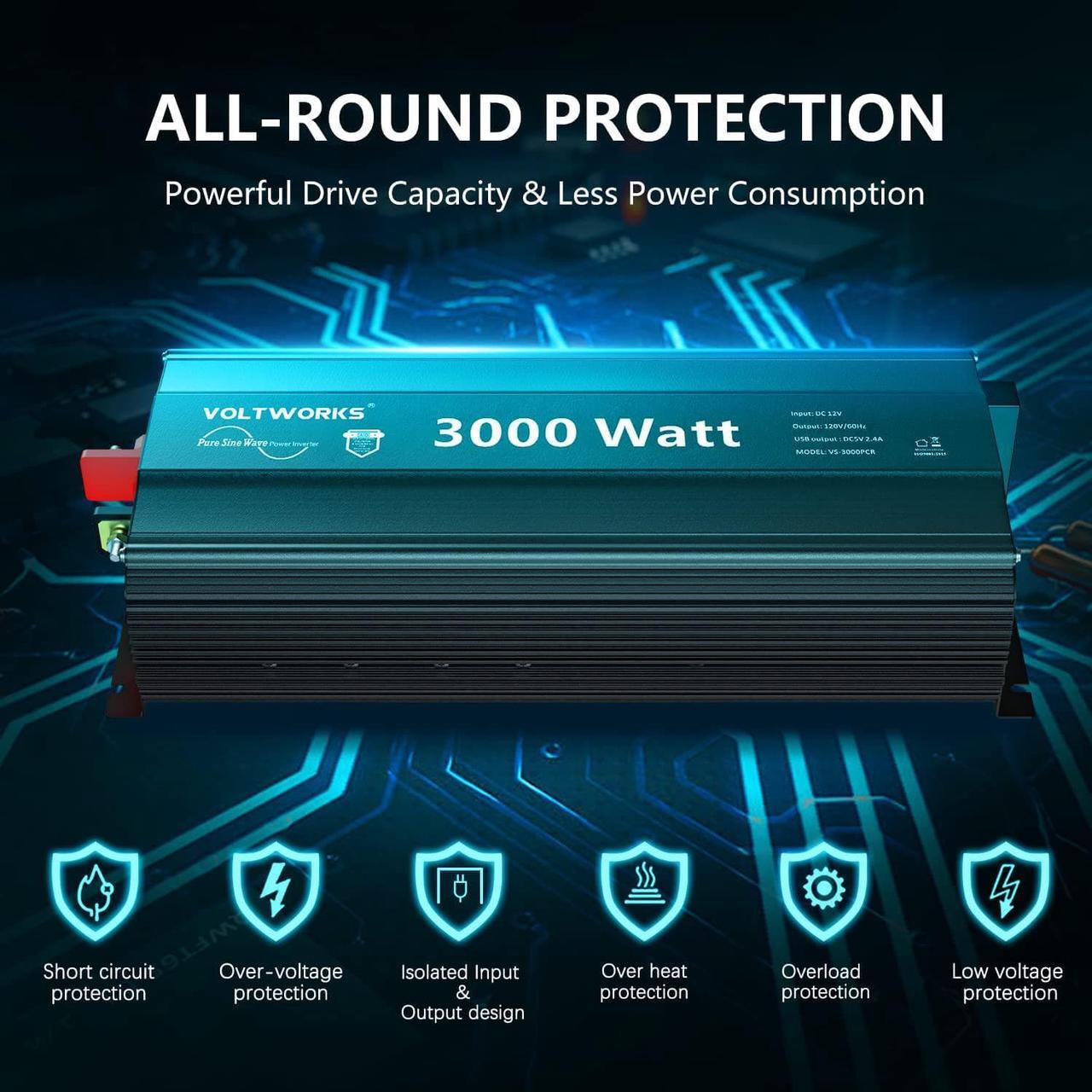 Alt view image 5 of 7 - 3000W Pure Sine Wave Inverter 12V DC to 120V AC Converter for Home RV Truck Off-Grid Solar Power Inverter 12V to 110V with 5V 2.4A USB Port AC Hardwire Remote Controller by VOLTWORKS