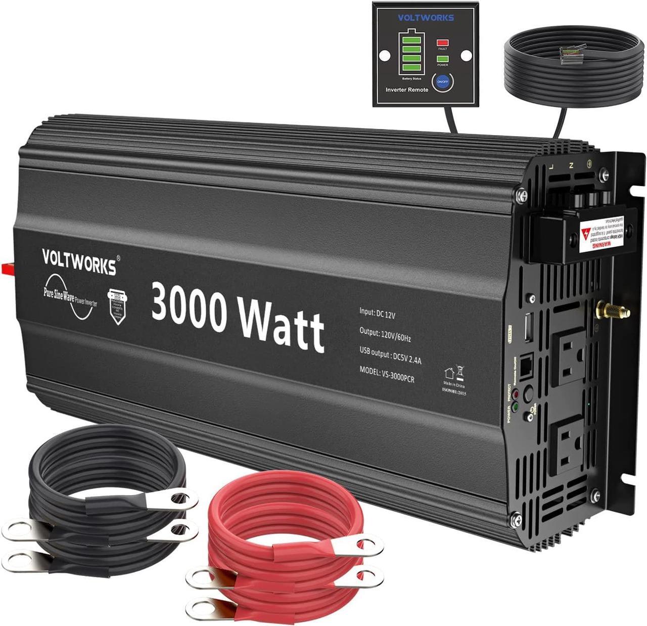 Main image of 3000W Pure Sine Wave Inverter 12V DC to 120V AC Converter for Home RV Truck Off-Grid Solar Power Inverter 12V to 110V with 5V 2.4A USB Port AC Hardwire Remote Controller by VOLTWORKS