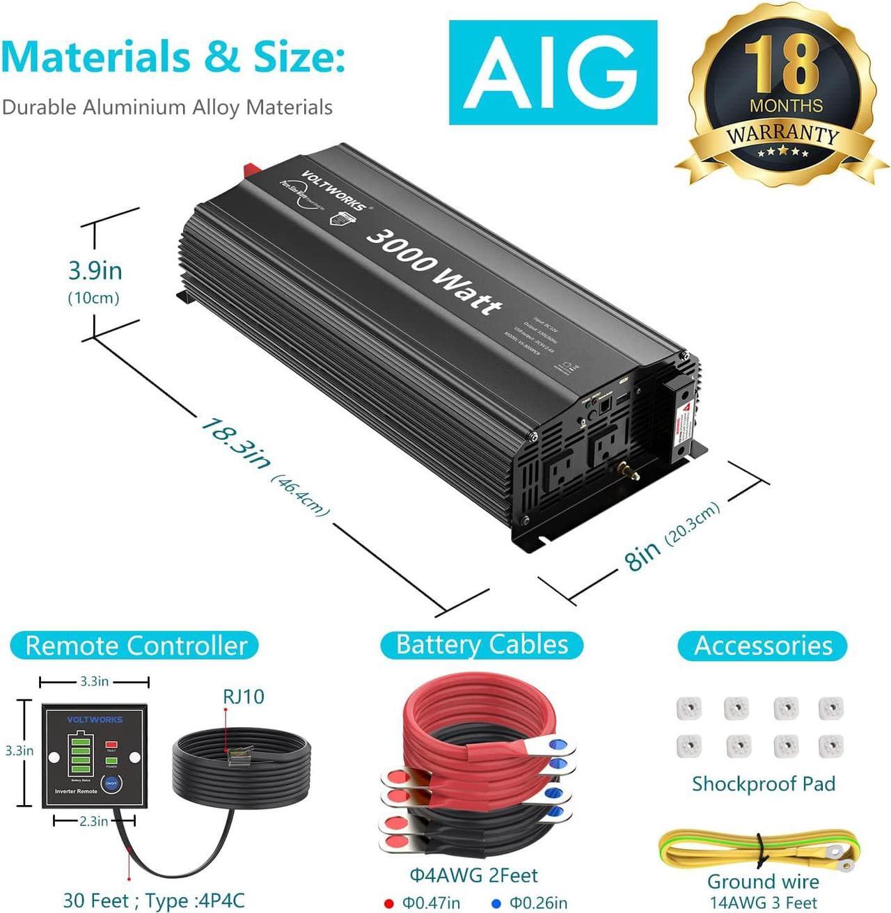 Alt view image 2 of 7 - 3000W Pure Sine Wave Inverter 12V DC to 120V AC Converter for Home RV Truck Off-Grid Solar Power Inverter 12V to 110V with 5V 2.4A USB Port AC Hardwire Remote Controller by VOLTWORKS