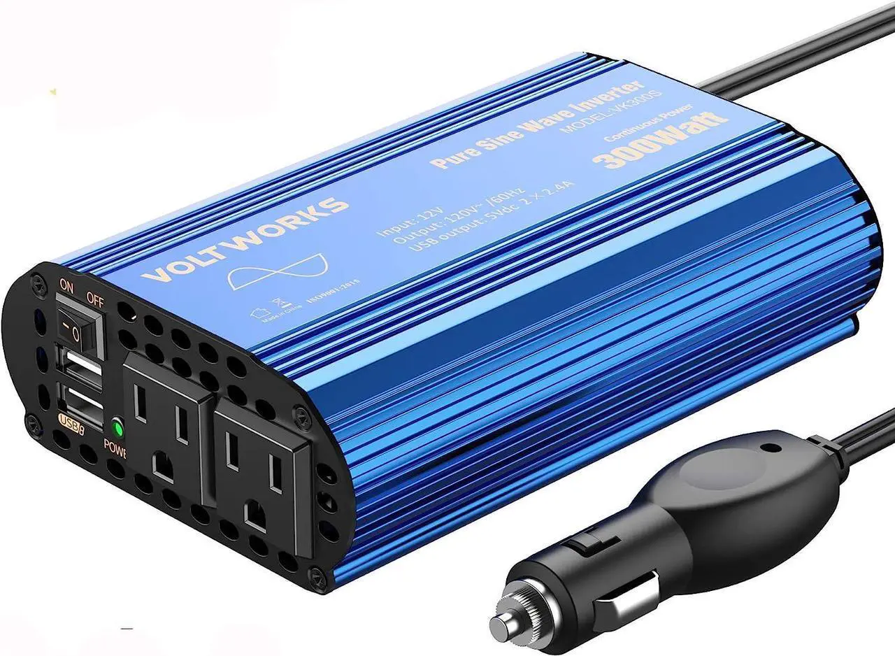 Main image of 300W Pure Sine Wave Power Inverter for Car Truck RV Adapter DC 12V to AC 110V 120V with 2x2.4A DUAL USB Port & AC Outlets by VOLTWORKS