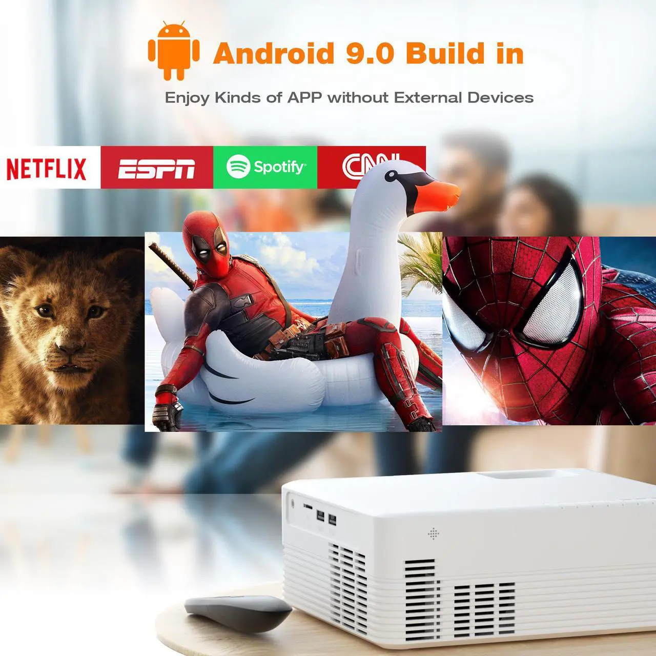 Alt view image 2 of 7 - Jeemak Mini Projector with Android 9.0 WiFi and Bluetooth 5000 Lux 1080P LED Portable Projector for Smartphone Movie Projector for Home and Outdoor Use
