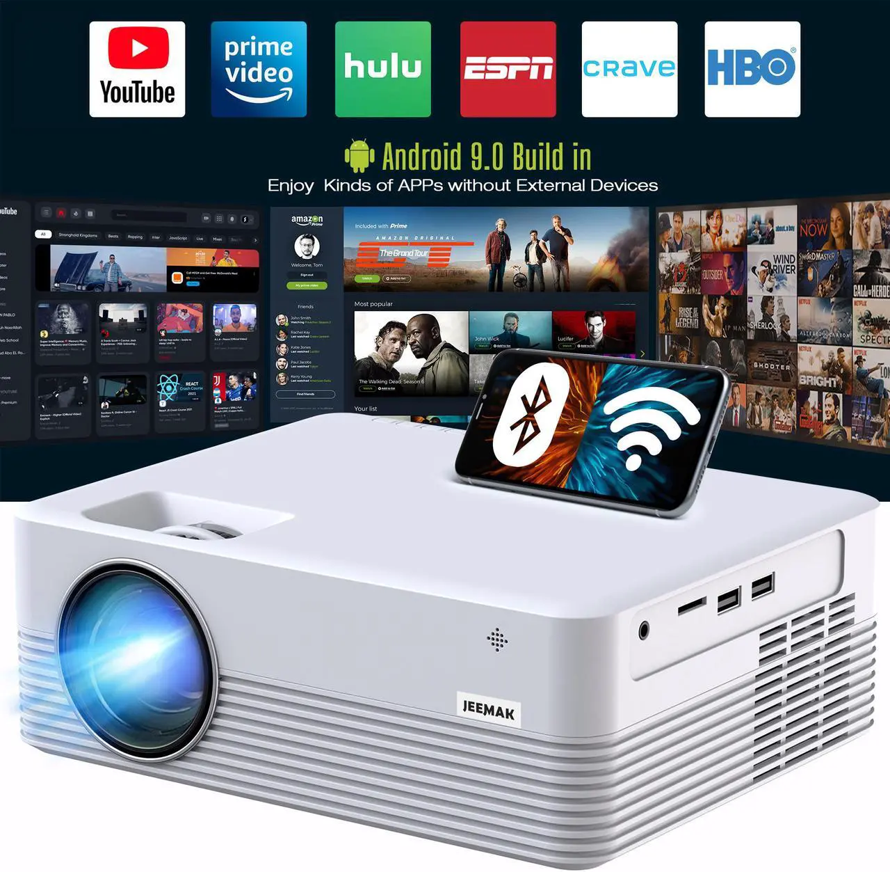 Main image of Jeemak Mini Projector with Android 9.0 WiFi and Bluetooth 5000 Lux 1080P LED Portable Projector for Smartphone Movie Projector for Home and Outdoor Use