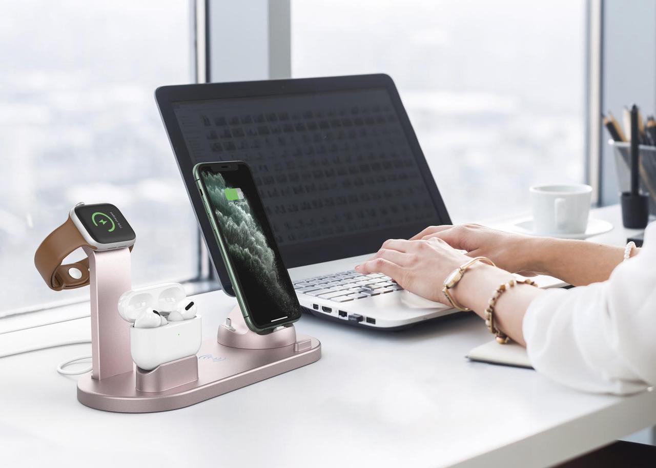 Alt view image 4 of 7 - QI wireless charger, suitable for Qi fast wireless charging station of AirPods/Apple Watch series/iPhone 12/11/11 pro/11 Pro Max/XS/XS Max/XR/8/8 Plus/SE, 4 in 1 Charging Dock Wireless charging stand