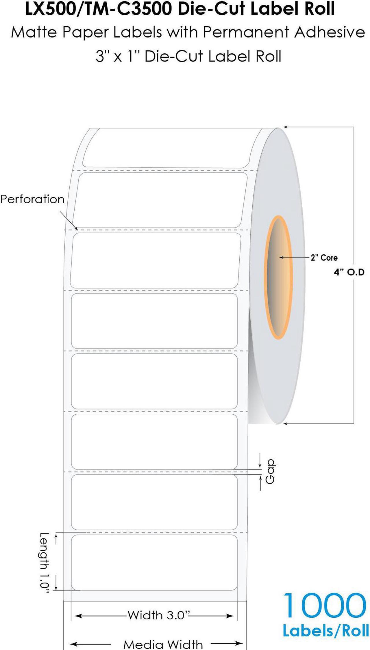 DuraFast LX500/TM-C3500 3"x1" Die Cut Matte Paper Label 1000/Roll, LX500 Labels, TM-C3500 Labels, CW-C4000 Inkjet Labels with Permanent Adhesive