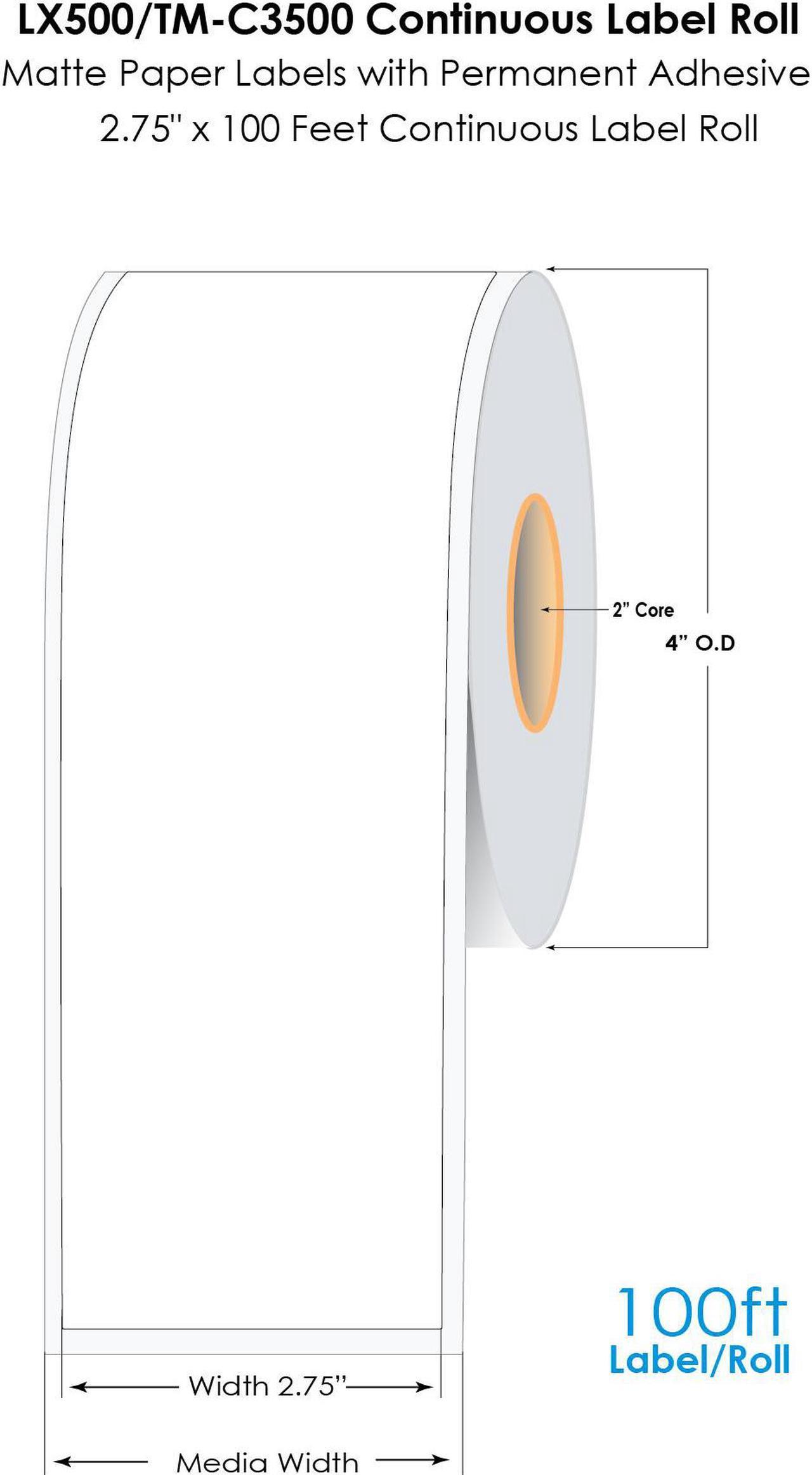 DuraFast LX500/TM-C3500 2.75"x100Ft Continuous Matte Paper Label Roll, LX500 Labels, TM-C3500 Labels, CW-C4000 Inkjet Labels with Permanent Adhesive