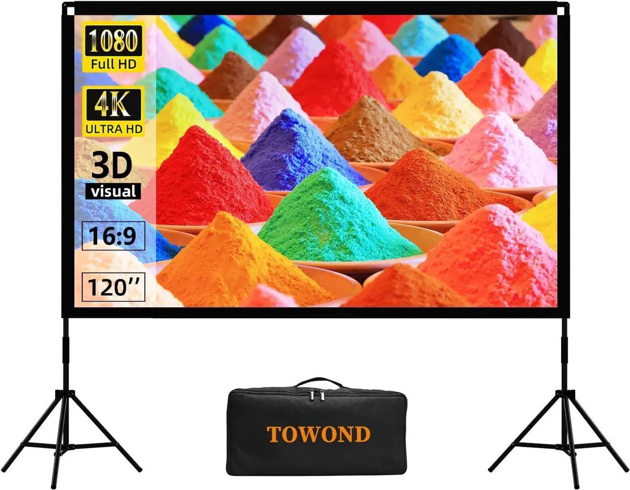 Main image of Projector Screen and Stand, Towond 120 inch Portable Movie Screen Indoor Outdoor 16:9 4K HD Front Rear Projection Screen with Carry Bag Wrinkle-Free and Foldable Design for Backyard Movie Night