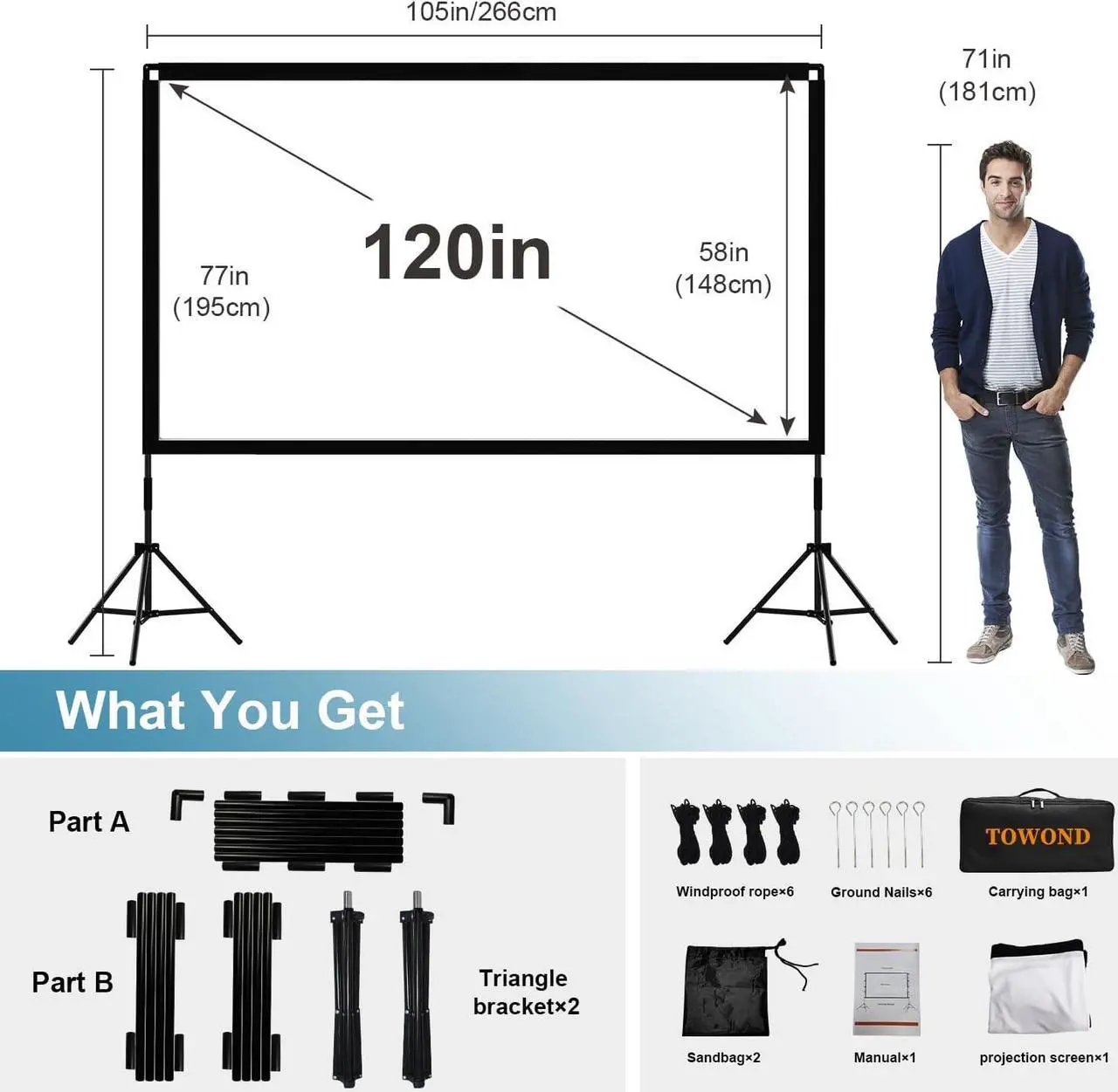 Alt view image 2 of 6 - Projector Screen and Stand, Towond 120 inch Portable Movie Screen Indoor Outdoor 16:9 4K HD Front Rear Projection Screen with Carry Bag Wrinkle-Free and Foldable Design for Backyard Movie Night