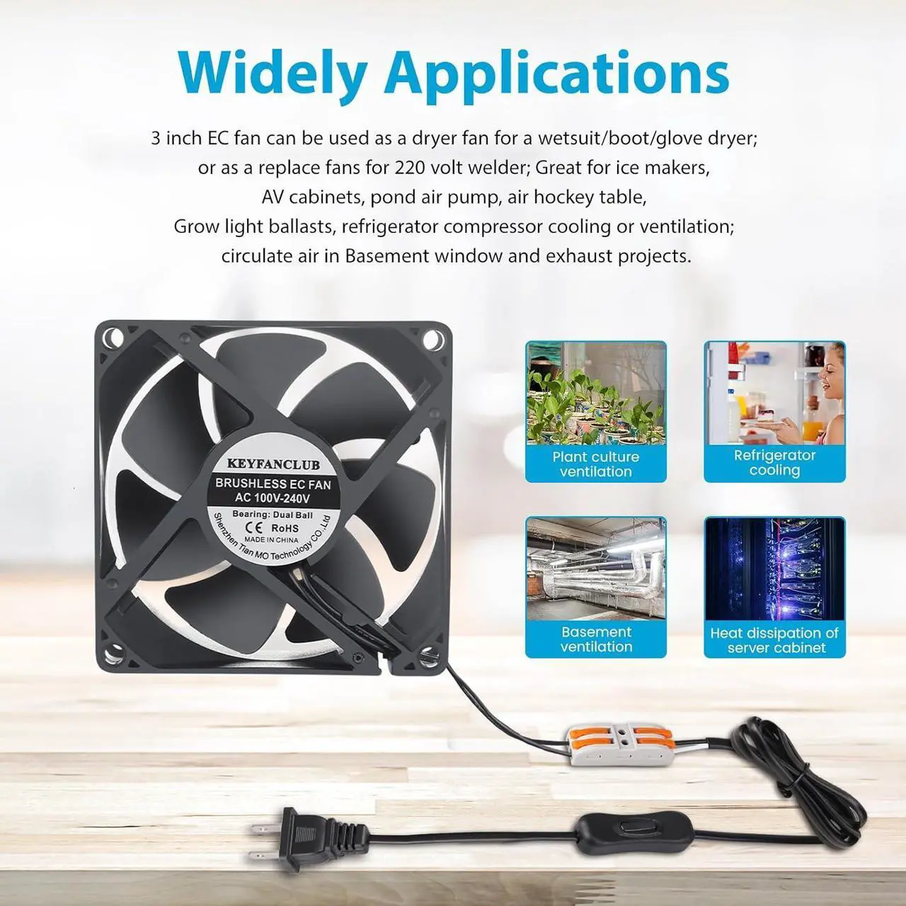 Alt view image 4 of 6 - Muffin Fan 110v 120v 220v 3 inch Fan with AC Plug Electronic Cooling Fan 80mm x 25mm
