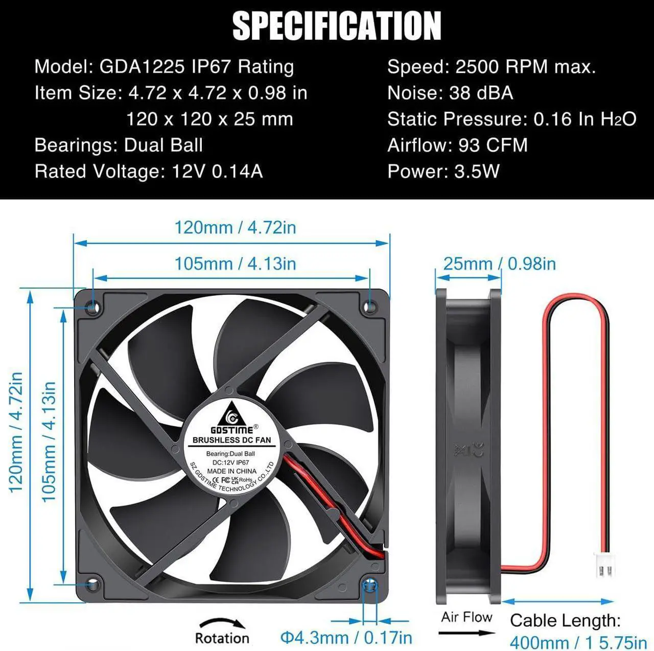 Alt view image 6 of 7 - GDSTIME 120mm x 25mm 12V DC IP67 Waterproof Fan High Speed Dual Ball Bearing Brushless Computer PC Case Cooling Fans 2-Pin for RV Fridge Fume Extractor Battery Box Outdoor Cabinet Small Greenhouse