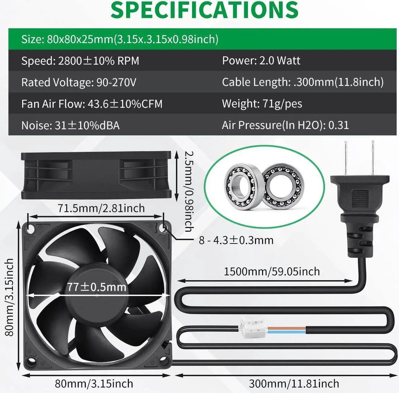 Alt view image 5 of 7 - EC 80mm x 25mm Small 3 Inch Muffin Axial Cooling Fan 110V 120V 220V 240V Dual Ball for DIY Electronics Equipment PC Case Cabinet Incubator Terrarium Ventilation Exhaust Project