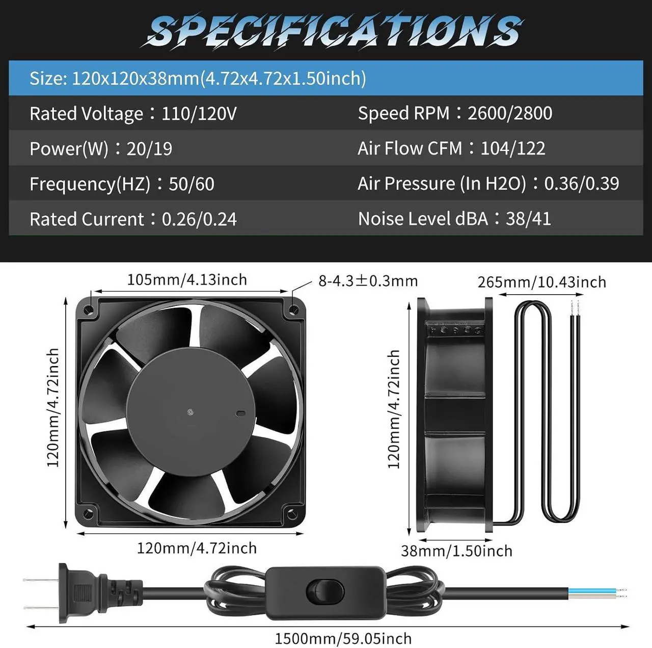 Alt view image 6 of 7 - AC Axial 110V 120V 120mm x 38mm Dual Ball Big Airflow Fan for DIY Ventilation Exhaust, Chicken Coop, Kitchen, Window Exhaust, Greenhouse, Small Box Cooling