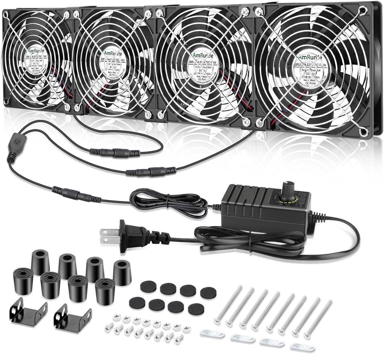 Main image of 120mm x 4 Computer Fan with AC Plug Variable Speed 110V - 240V DIY Small Window Fan and for Mining Rig, AV Cabinets, Home Theater, Refrigerator, Greenhouse Cooling