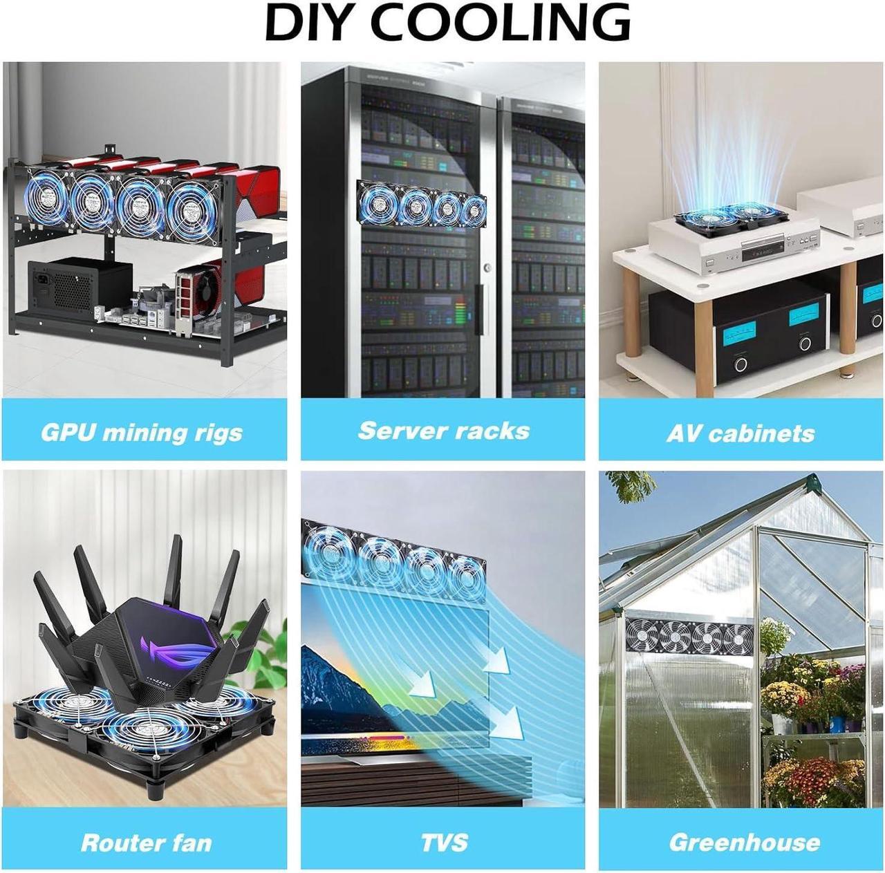 Alt view image 3 of 6 - 120mm x 4 Computer Fan with AC Plug Variable Speed 110V - 240V DIY Small Window Fan and for Mining Rig, AV Cabinets, Home Theater, Refrigerator, Greenhouse Cooling