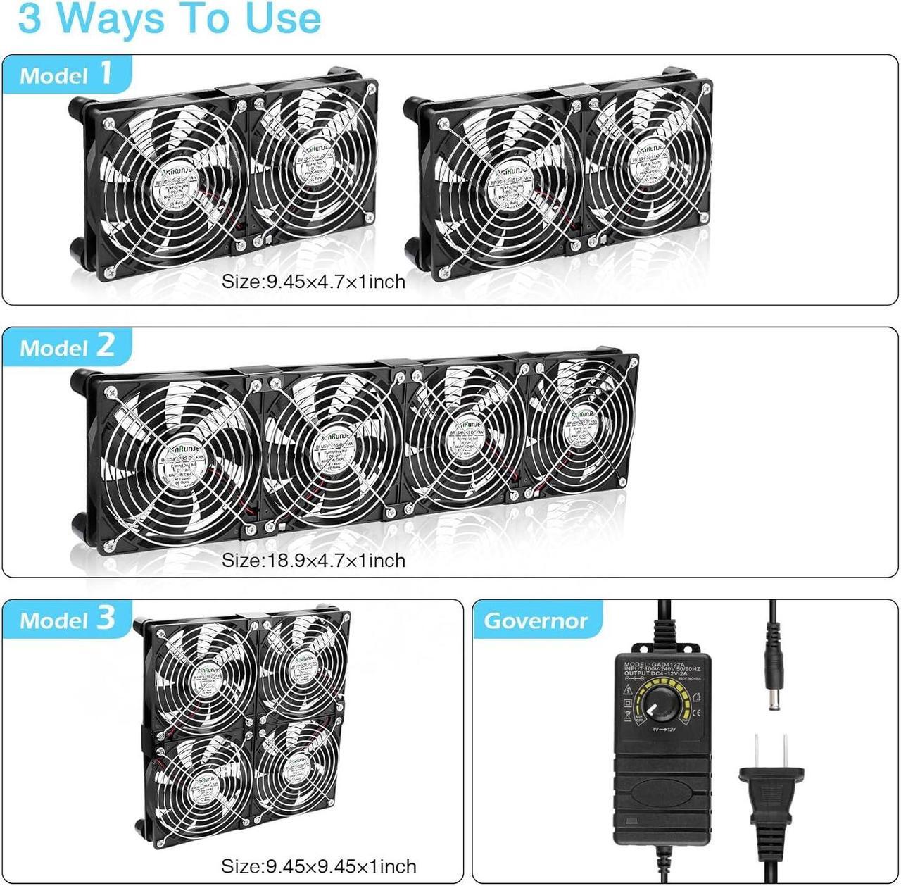 Alt view image 2 of 6 - 120mm x 4 Computer Fan with AC Plug Variable Speed 110V - 240V DIY Small Window Fan and for Mining Rig, AV Cabinets, Home Theater, Refrigerator, Greenhouse Cooling