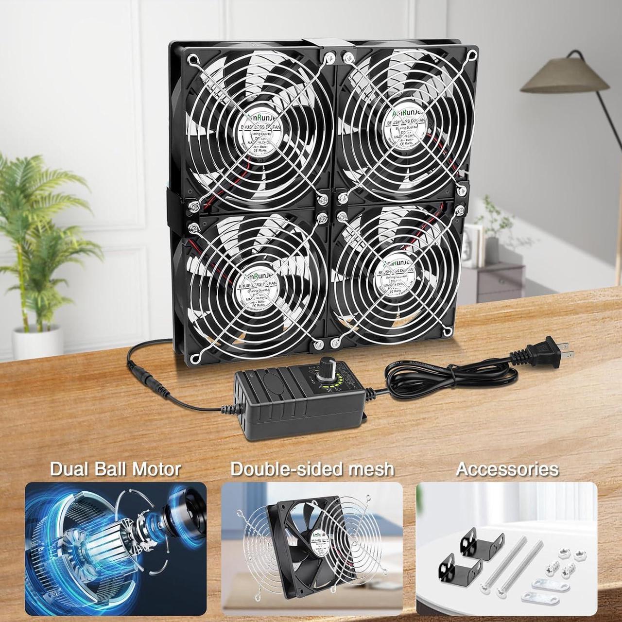 Alt view image 6 of 6 - 120mm x 4 Computer Fan with AC Plug Variable Speed 110V - 240V DIY Small Window Fan and for Mining Rig, AV Cabinets, Home Theater, Refrigerator, Greenhouse Cooling