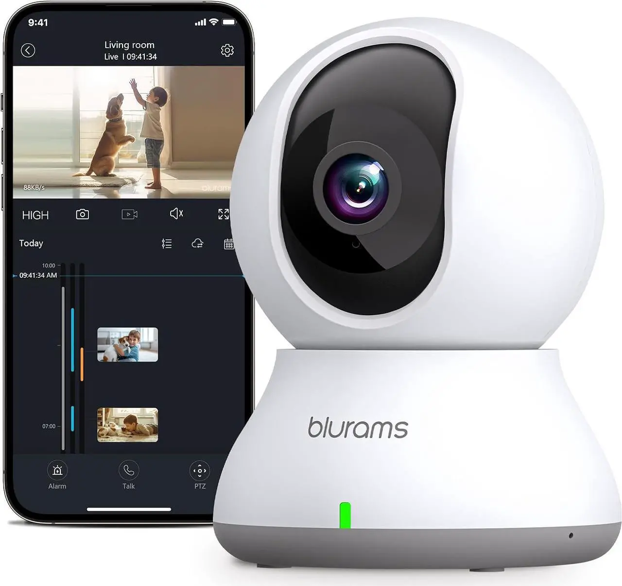 Main image of blurams Security Camera, 2K Indoor Camera 360° Pet Camera for Home Security w/Motion Tracking, Phone App, 2-Way Audio, IR Night Vision, Siren, Works with Alexa & Google Assistant(2.4GHz ONLY)