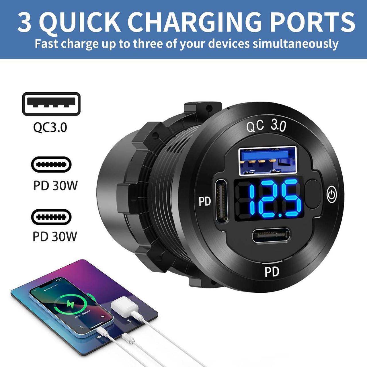 Alt view image 2 of 7 - 12V USB Car Socket Round USB C 12V Outlet, 3-Port Marine USB Fast Charger Waterproof Cigarette Outlet USB Replacement Aluminum with Switch & Voltmeter, Suitable for Boat Golf Cart RV Motorcycle Truck