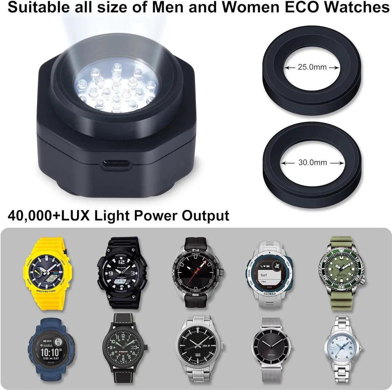 Alt view image 4 of 7 - CoolFire - UV Free Solar Watch Fast Charger for All Eco Solar Watches for Men Reloj Hombre Portable Battery Charger for All Kinds of Sophisticated Eco Solar Watches (Black)