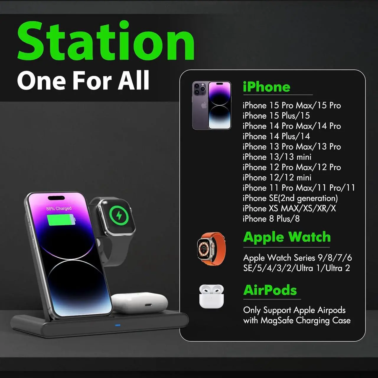 Alt view image 4 of 6 - Wireless Charger iPhone Charging Station: 3 in 1 Charger Stand Multiple Devices for  - iPhone 15 14 Pro Max 13 12 11 - Watch 9 8 7 6 5 4 3 2 Se - Airpods 3 2 Pro