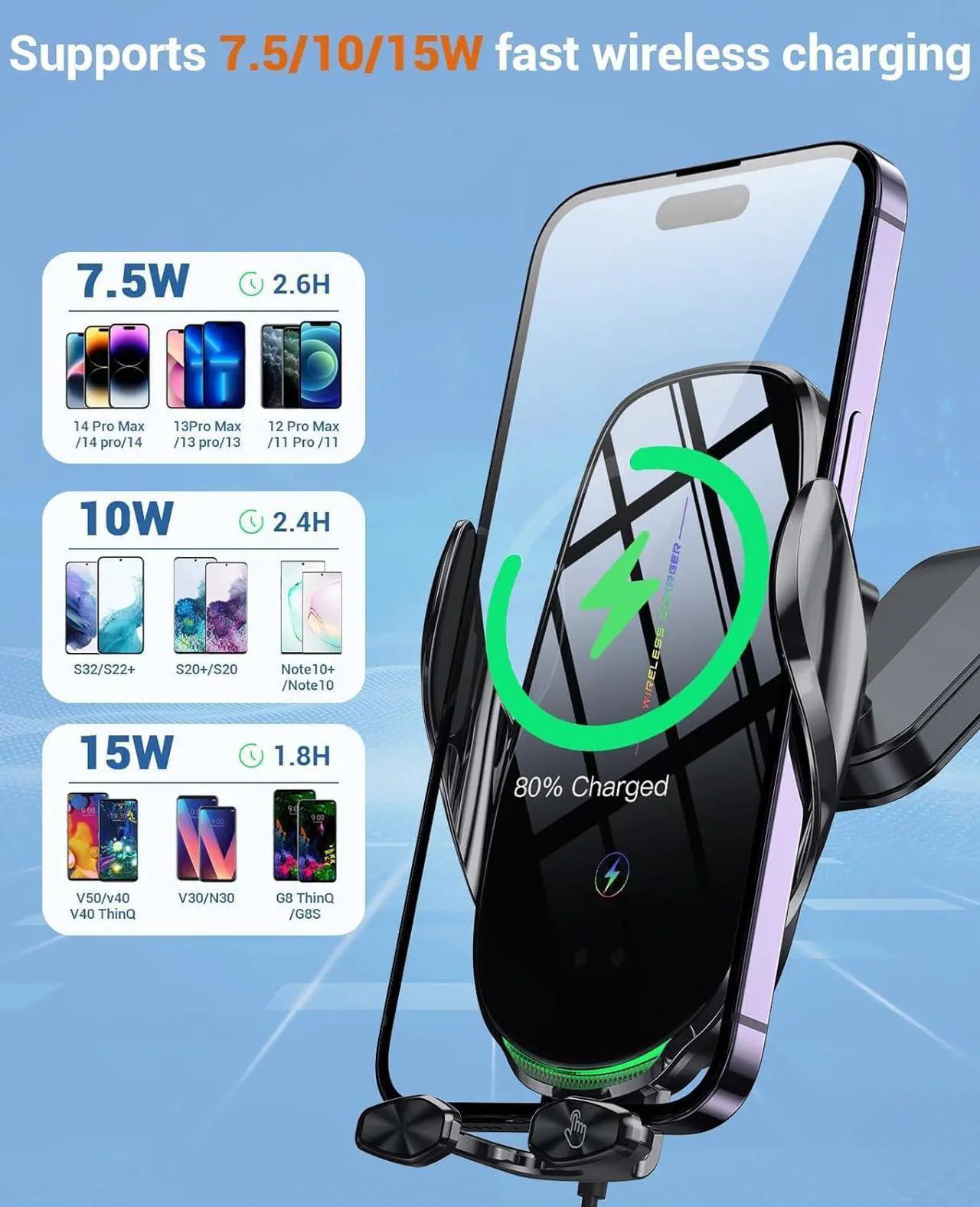 Alt view image 5 of 6 - Wireless Car Charger, 15W Fast Wireless Charger for car Auto-Clamping, fit for iPhone 15 14 13 12 11 Pro Max Xs, Samsung Galaxy S23 Ultra S22 S21 S20, S10+ S9+ Note 9, etc